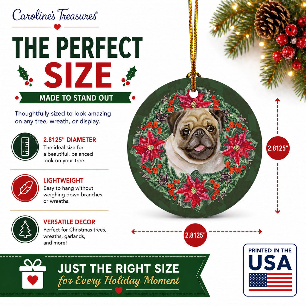 Fawn Pug Poinsetta Wreath Ceramic Ornament Christmas Tree Hanging Decorations for Home Christmas Holiday, Party, Gift, 3 in, Multicolor