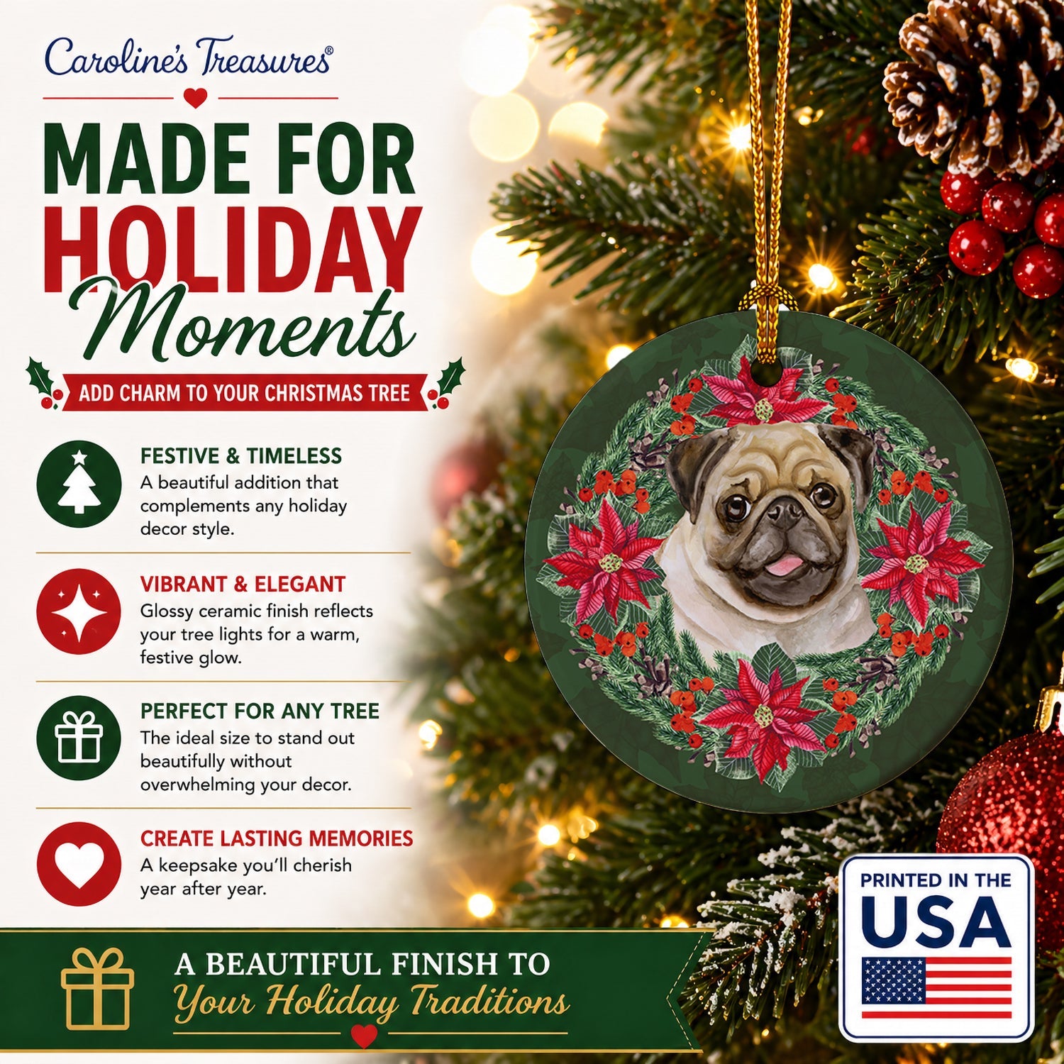 Fawn Pug Poinsetta Wreath Ceramic Ornament Christmas Tree Hanging Decorations for Home Christmas Holiday, Party, Gift, 3 in, Multicolor