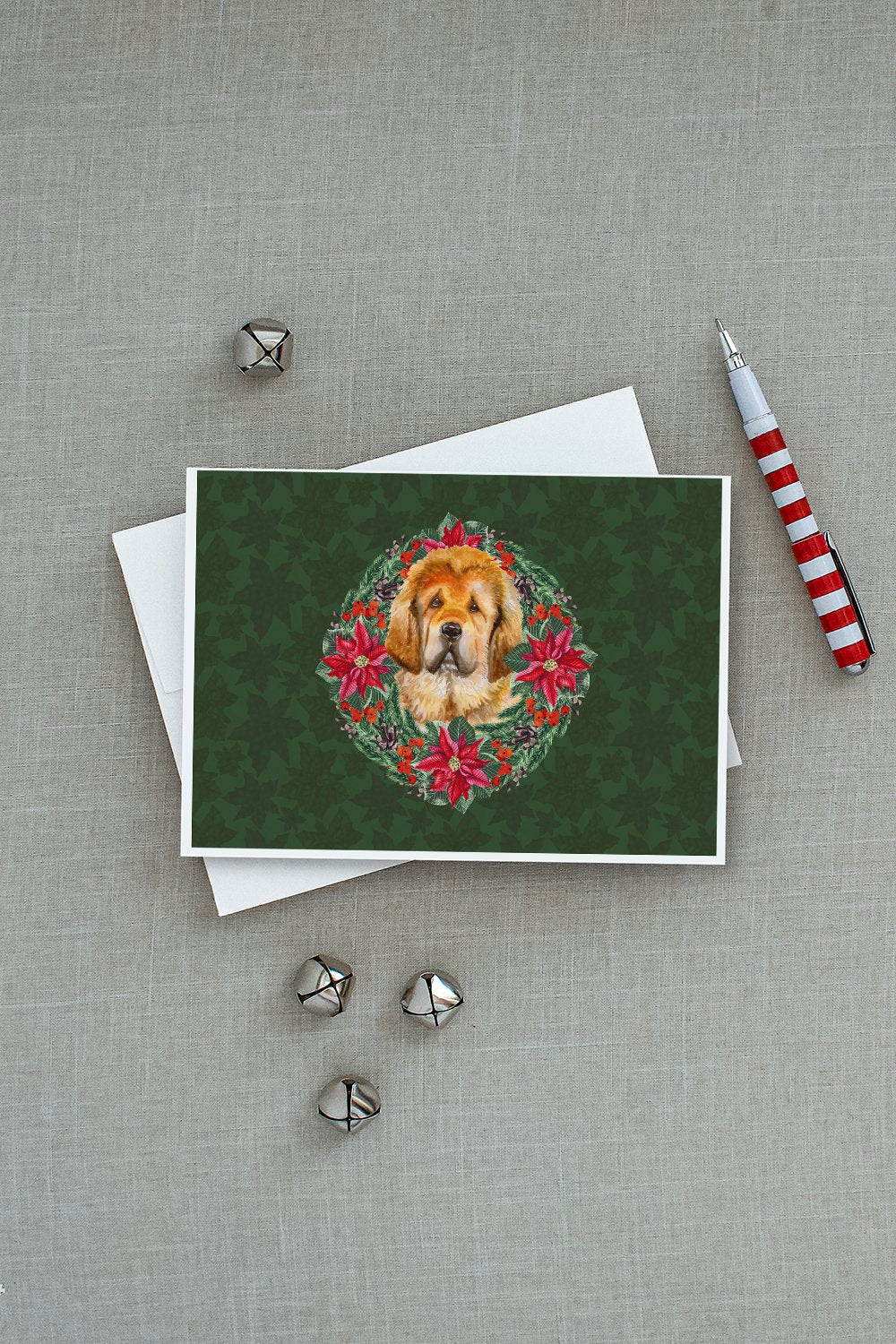 Tibetan Mastiff Poinsetta Wreath Greeting Cards Pack of 8 Blank Cards with Envelopes Whimsical A7 Size 5x7