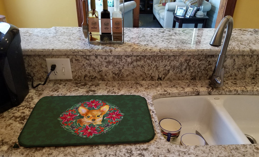 Toy Terrier Poinsetta Wreath Dish Drying Mat Absorbent Dish Drying Mat Pad for Kitchen Counter Dish Drainer Mat for Countertop, 14 x 21", Multicolor