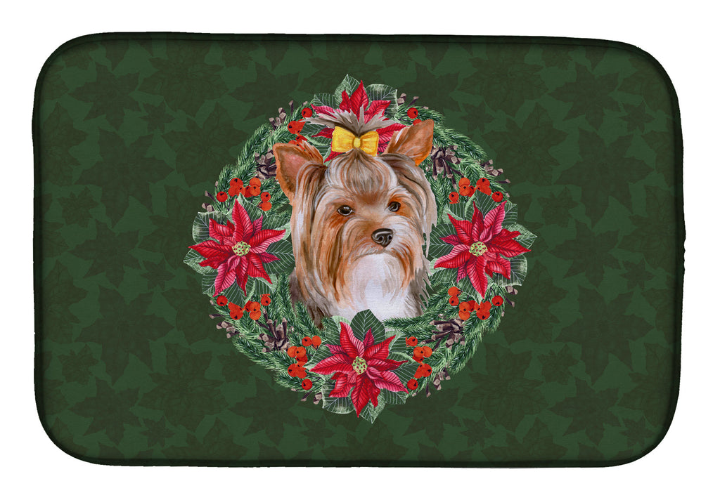 Yorkshire Terrier #2 Poinsetta Wreath Dish Drying Mat Absorbent Dish Drying Mat Pad for Kitchen Counter Dish Drainer Mat for Countertop, 14 x 21", Multicolor