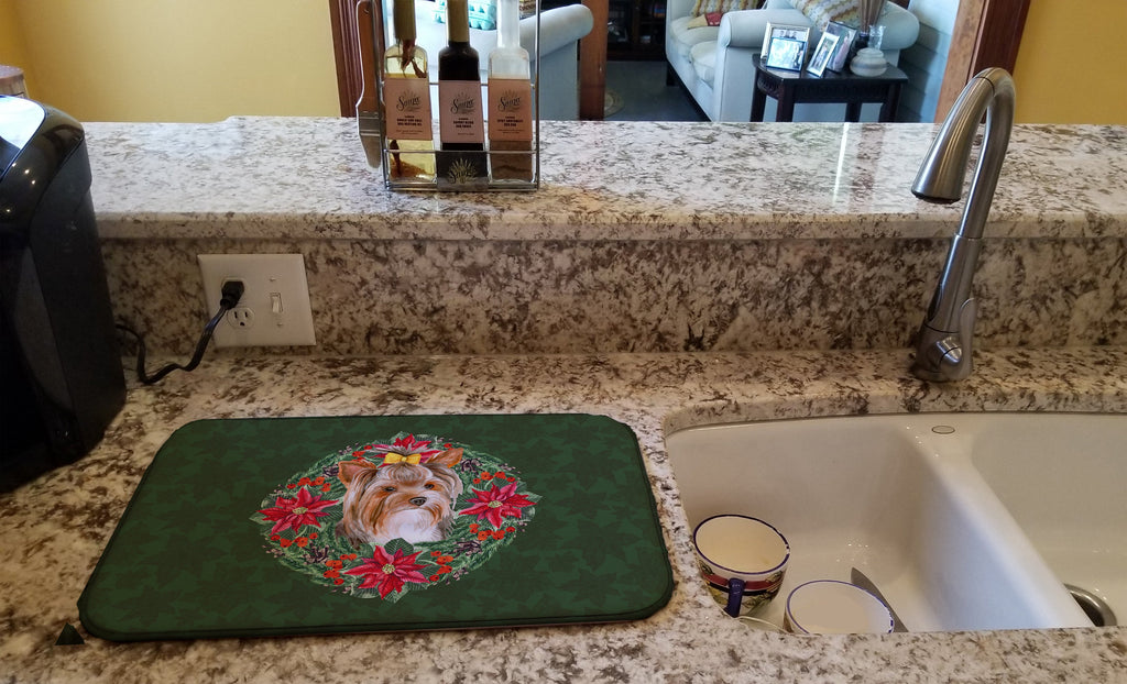 Yorkshire Terrier #2 Poinsetta Wreath Dish Drying Mat Absorbent Dish Drying Mat Pad for Kitchen Counter Dish Drainer Mat for Countertop, 14 x 21", Multicolor