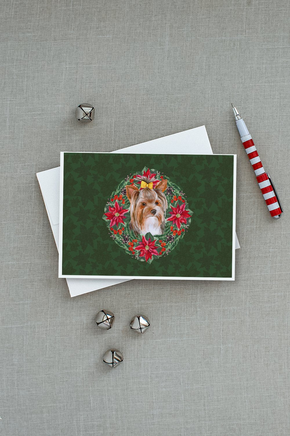 Yorkshire Terrier #2 Poinsetta Wreath Greeting Cards Pack of 8 Blank Cards with Envelopes Whimsical A7 Size 5x7