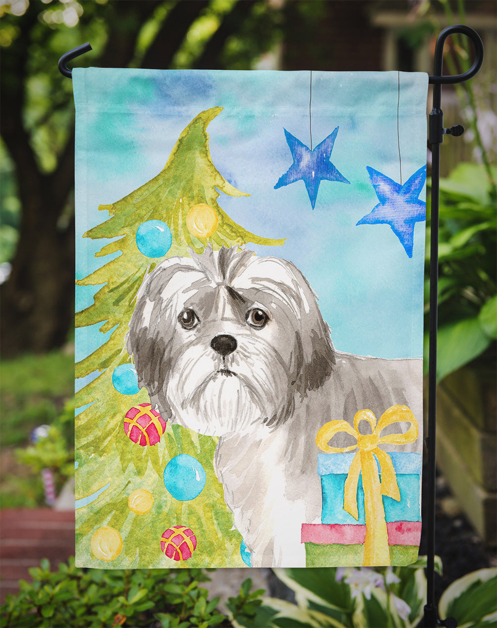 Christmas Tree Shih Tzu Puppy Garden Flag Mailbox Decorative Yard Banner Outside Patio Artwork for Flower Beds, Garden Size, Multicolor