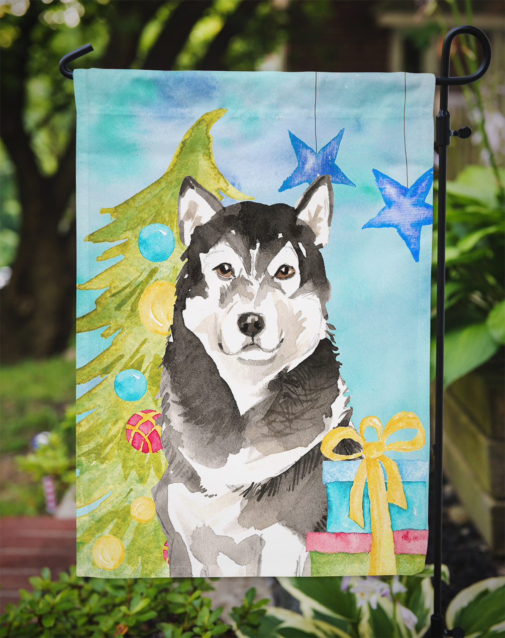 Christmas Tree Alaskan Malamute Garden Flag Mailbox Decorative Yard Banner Outside Patio Artwork for Flower Beds, Garden Size, Multicolor