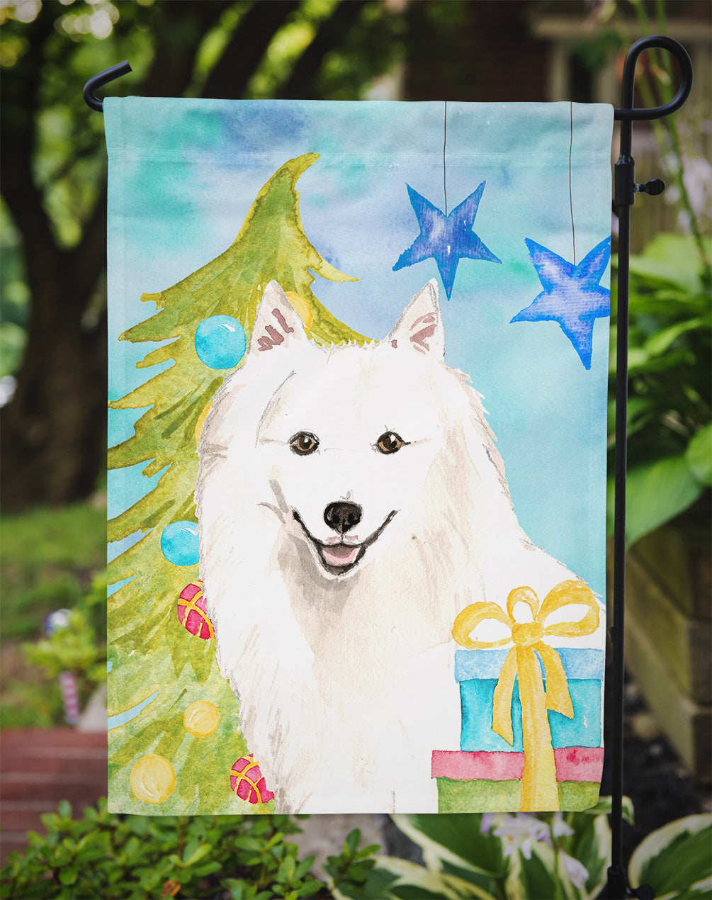Christmas Tree Japanese Spitz Garden Flag Mailbox Decorative Yard Banner Outside Patio Artwork for Flower Beds, Garden Size, Multicolor