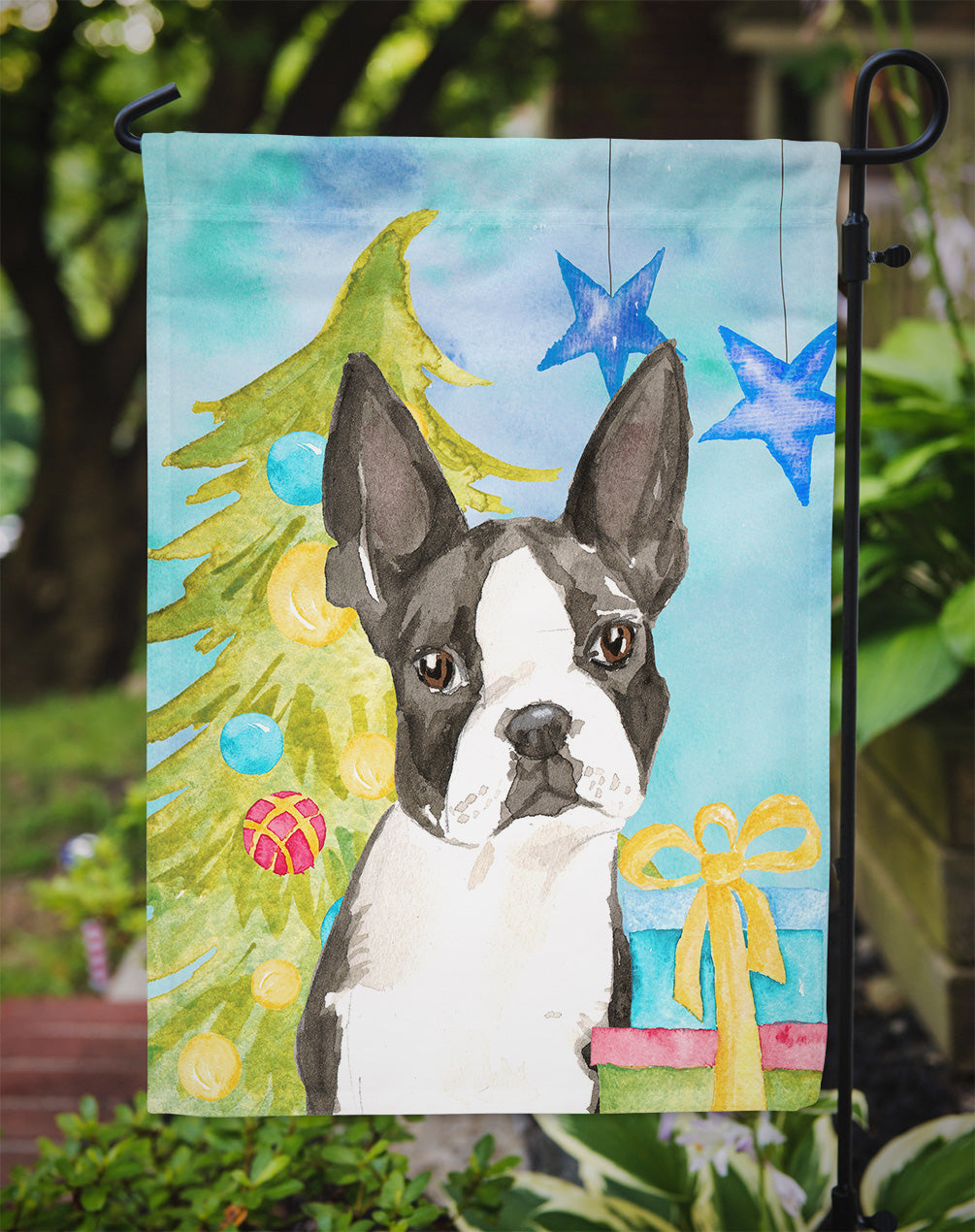 Christmas Tree Boston Terrier Garden Flag Mailbox Decorative Yard Banner Outside Patio Artwork for Flower Beds, Garden Size, Multicolor