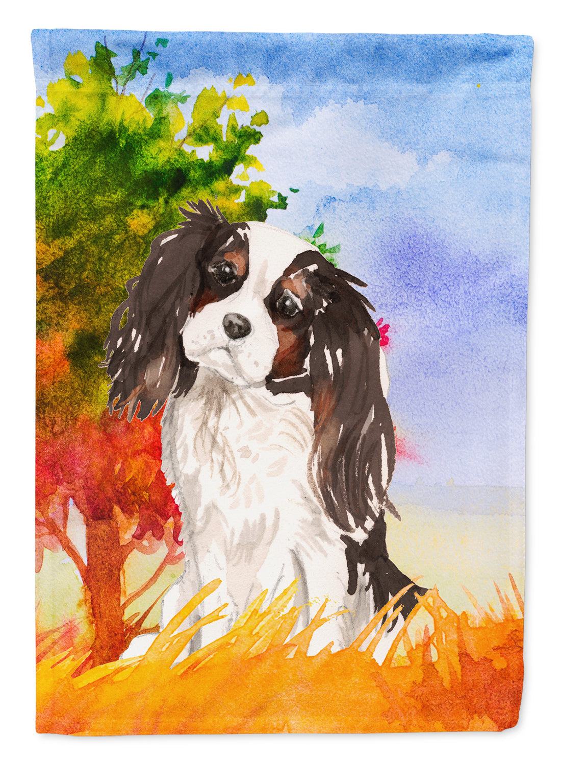 Fall Tricolor Cavalier Spaniel House Flag 28x40 Porch Sleeve Pole Decorative Outside Yard Banner Artwork Wall Hanging, Polyester