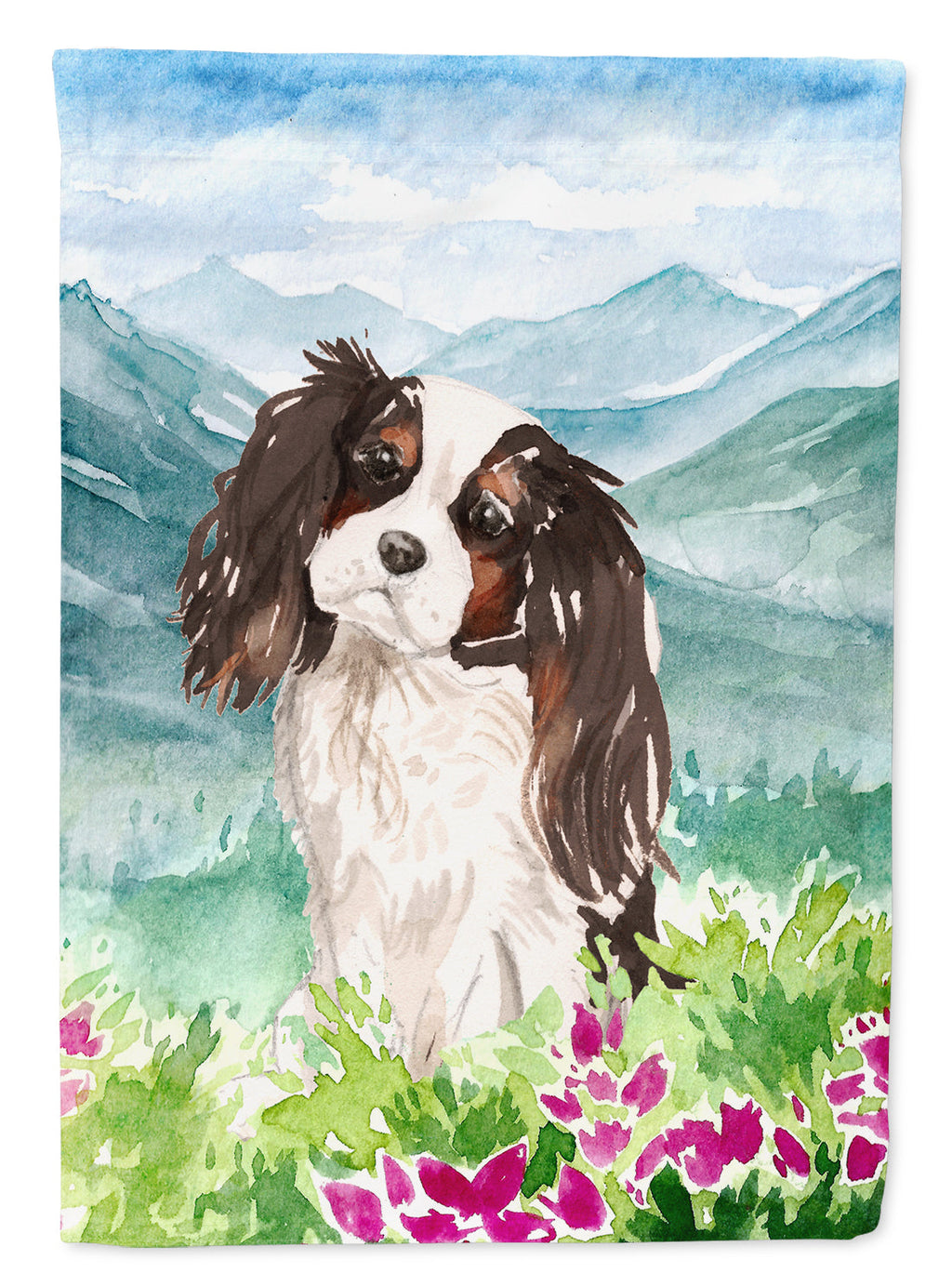 Mountian Flowers Tricolor Cavalier Spaniel House Flag 28x40 Porch Sleeve Pole Decorative Outside Yard Banner Artwork Wall Hanging, Polyester