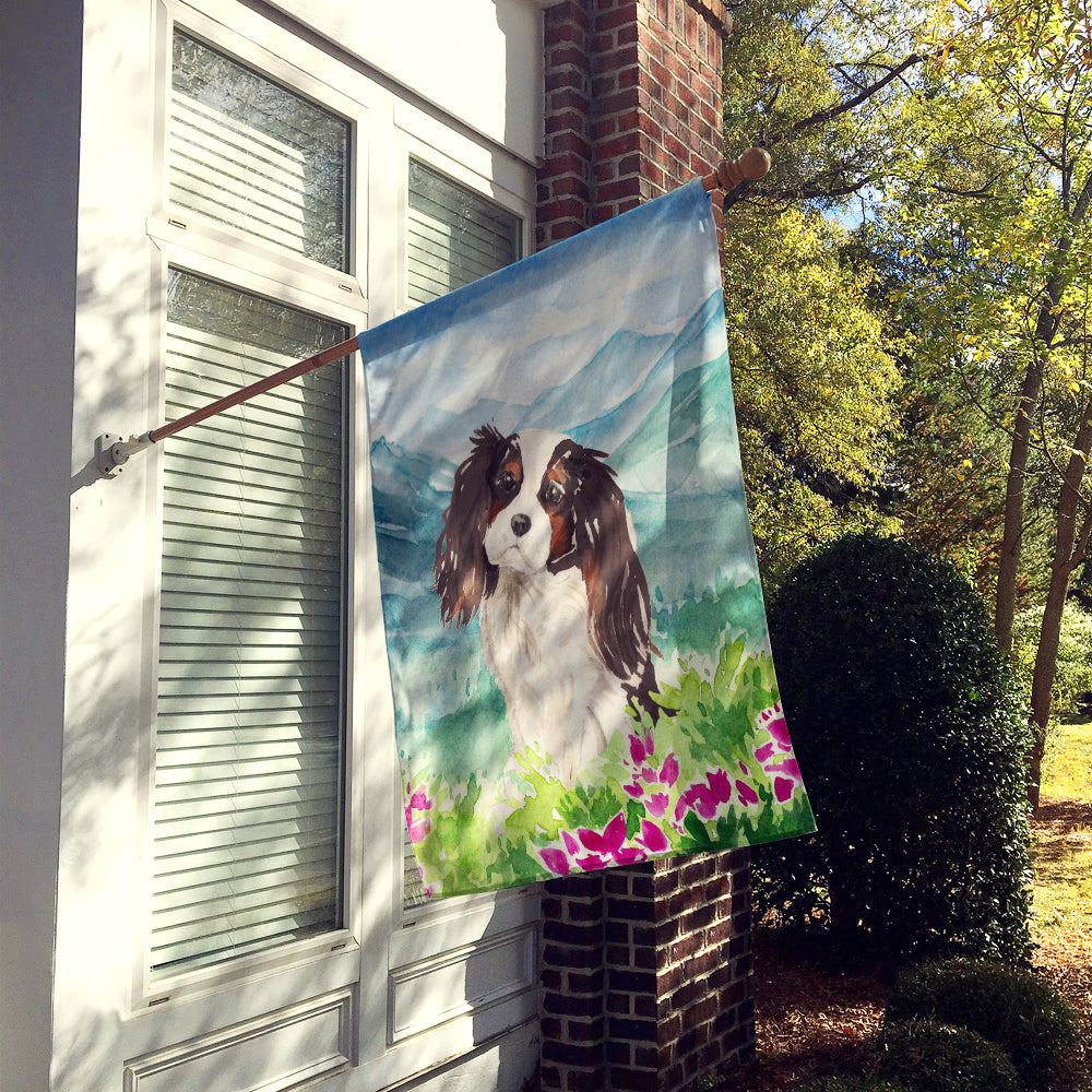 Mountian Flowers Tricolor Cavalier Spaniel House Flag 28x40 Porch Sleeve Pole Decorative Outside Yard Banner Artwork Wall Hanging, Polyester