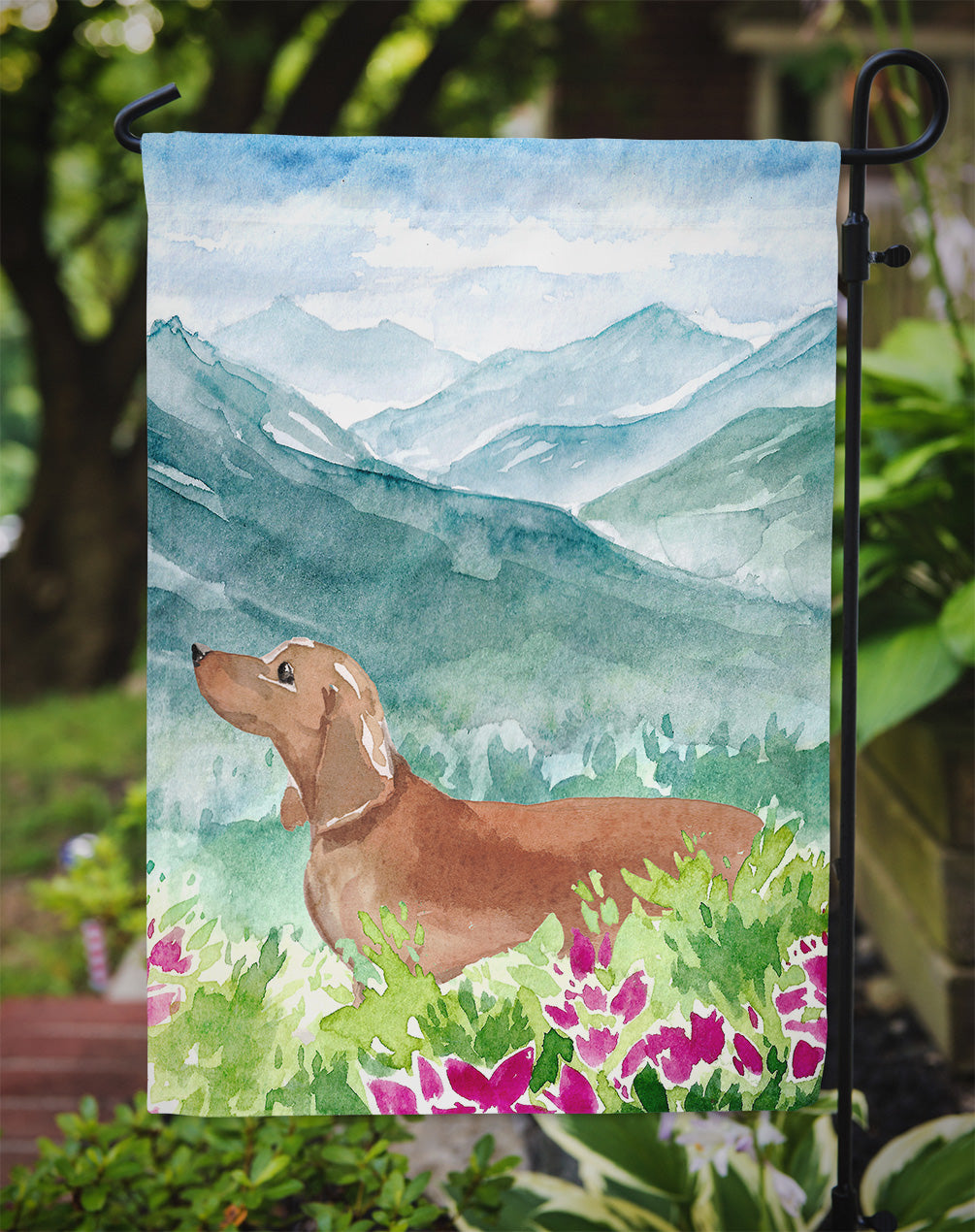 Mountian Flowers Red Dachshund Garden Flag Mailbox Decorative Yard Banner Outside Patio Artwork for Flower Beds, Garden Size, Multicolor