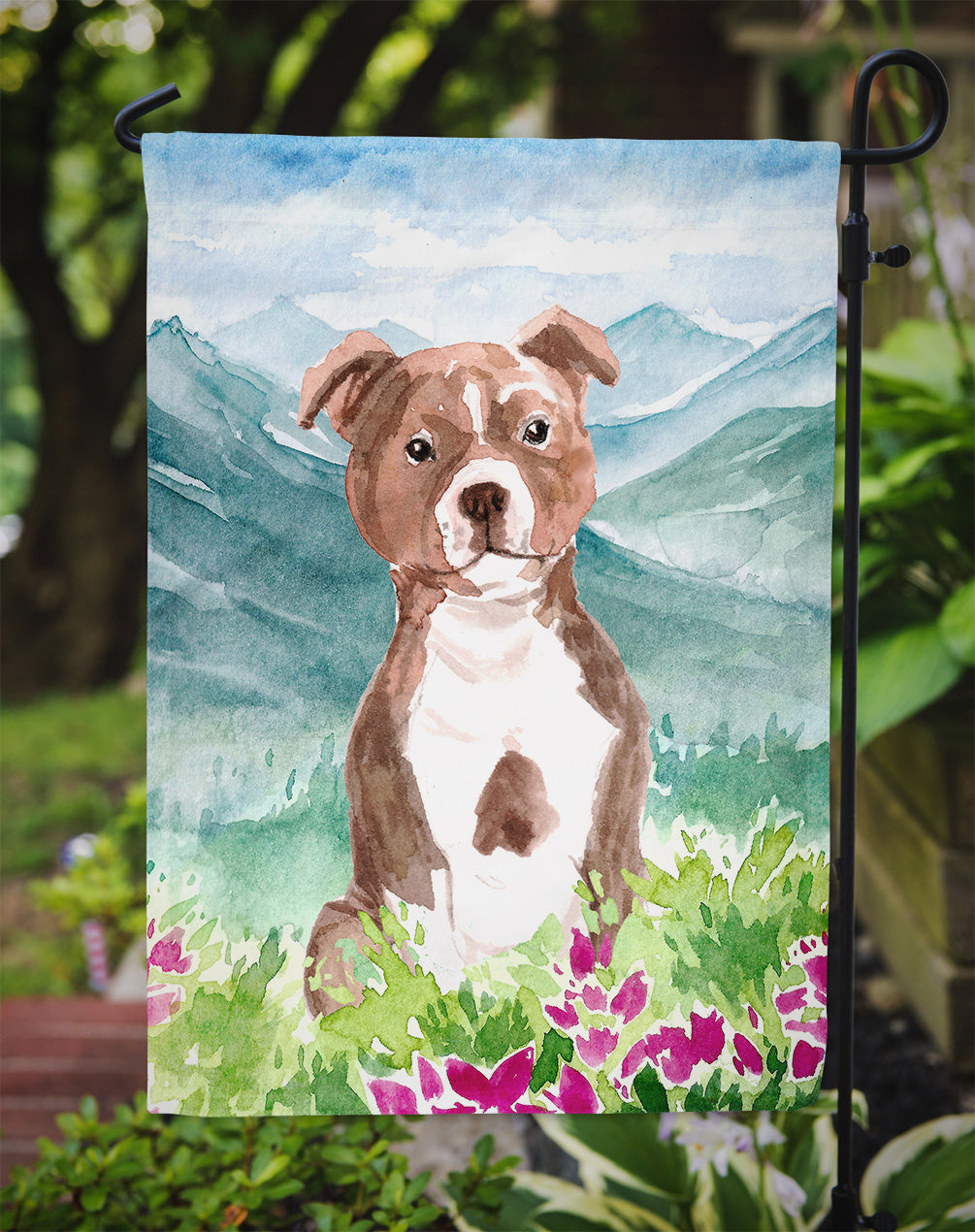 Mountian Flowers Red Staffordshire Bull Terrier Garden Flag Mailbox Decorative Yard Banner Outside Patio Artwork for Flower Beds, Garden Size, Multicolor