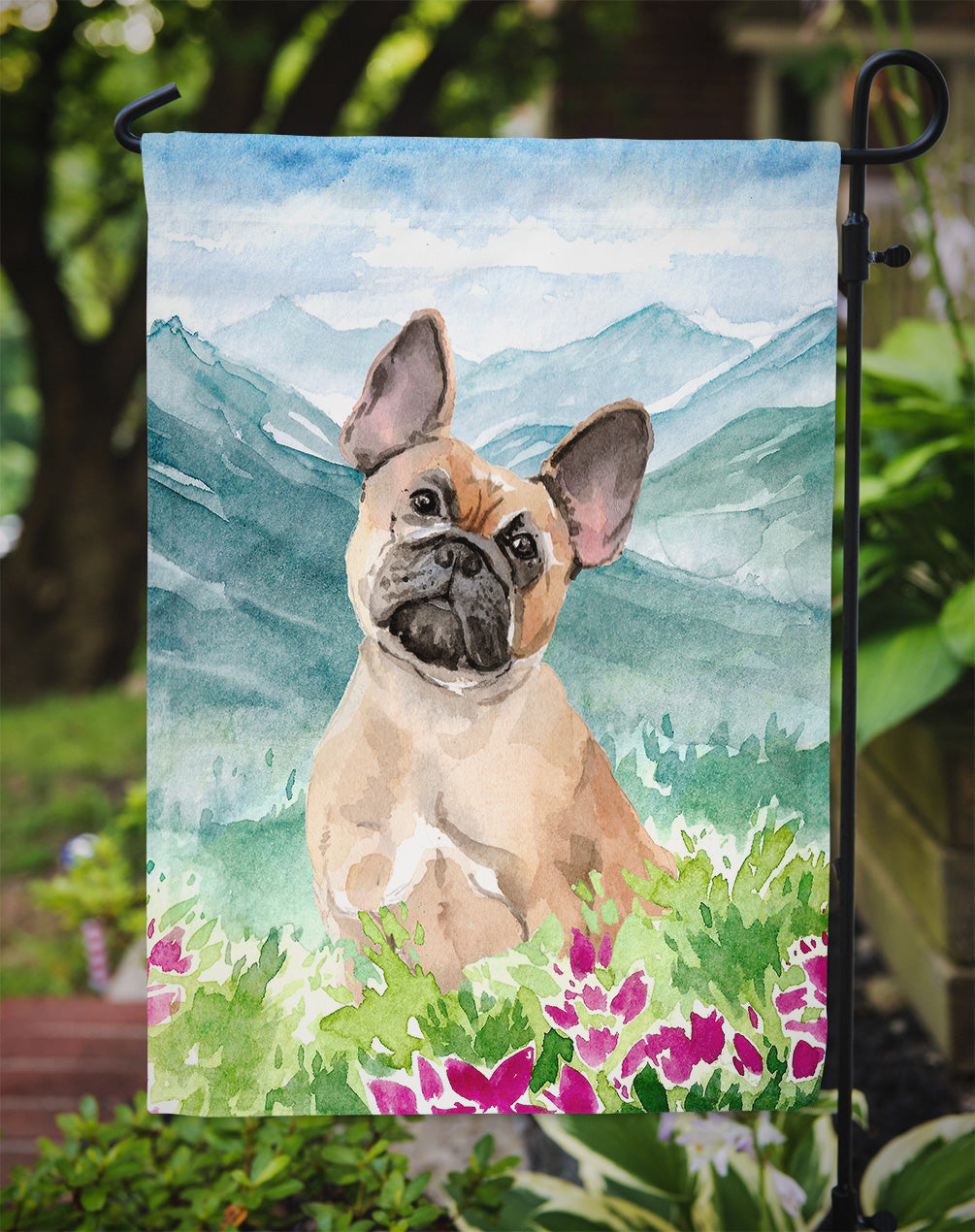 Mountian Flowers Fawn French Bulldog Garden Flag Mailbox Decorative Yard Banner Outside Patio Artwork for Flower Beds, Garden Size, Multicolor