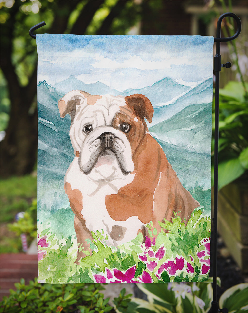 Mountian Flowers English Bulldog Garden Flag Mailbox Decorative Yard Banner Outside Patio Artwork for Flower Beds, Garden Size, Multicolor