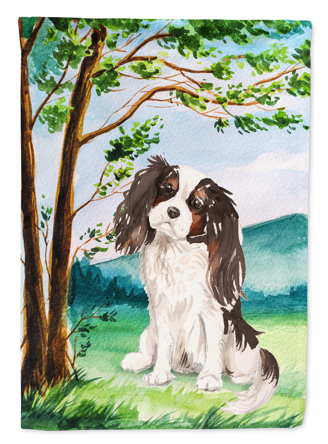Under the Tree Tricolor Cavalier Spaniel House Flag 28x40 Porch Sleeve Pole Decorative Outside Yard Banner Artwork Wall Hanging, Polyester