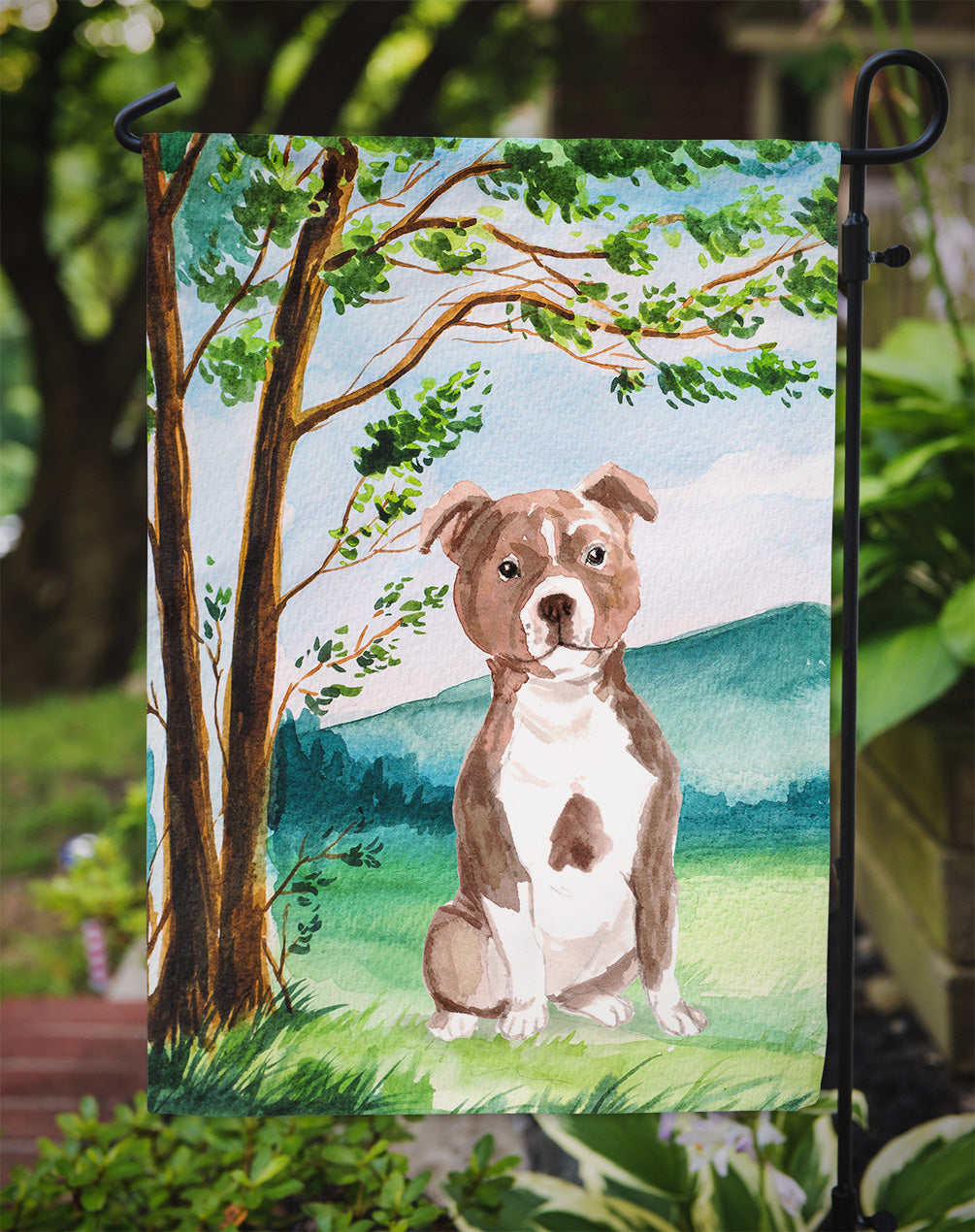 Under the Tree Red Staffie Garden Flag Mailbox Decorative Yard Banner Outside Patio Artwork for Flower Beds, Garden Size, Multicolor