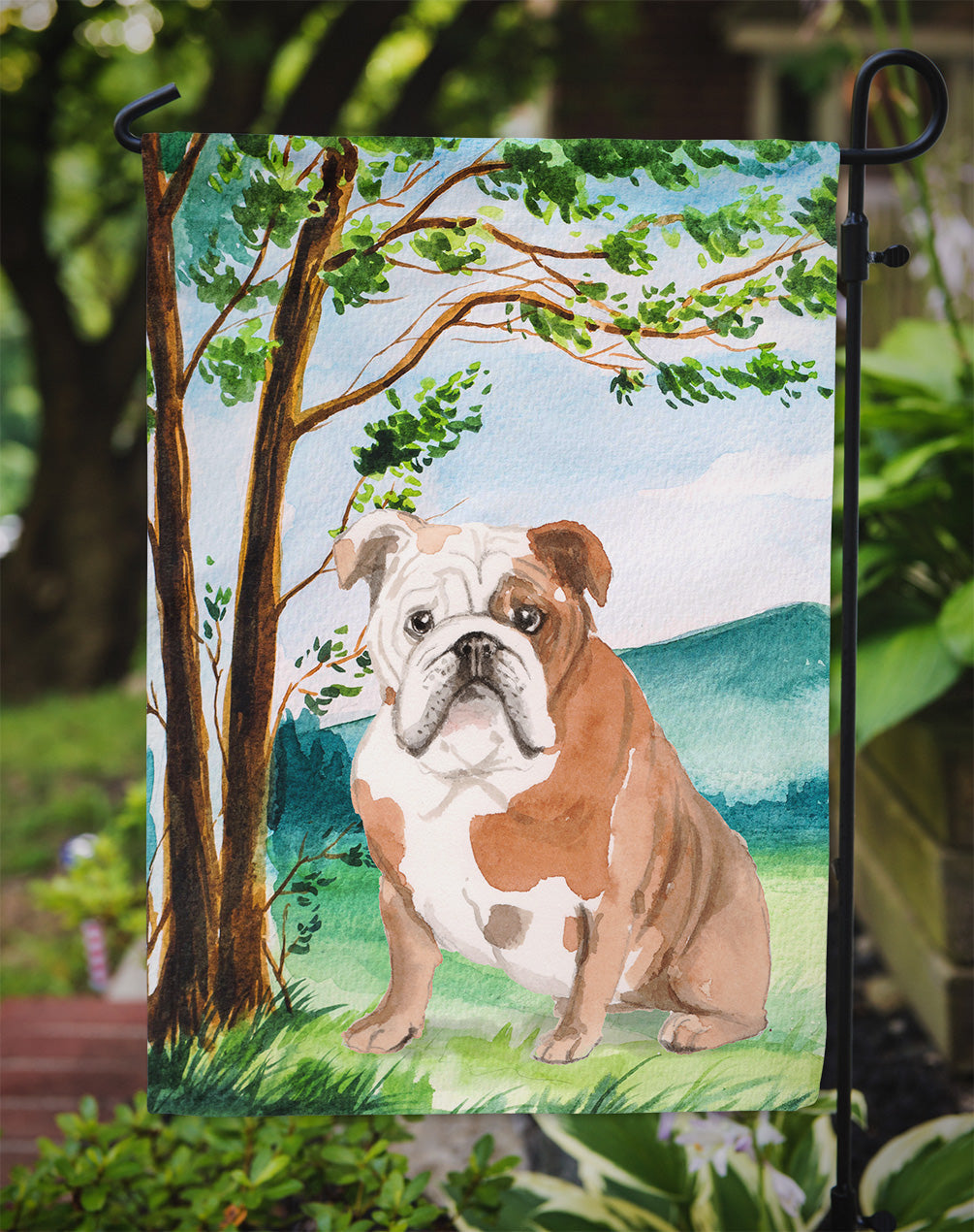 Under the Tree English Bulldog Garden Flag Mailbox Decorative Yard Banner Outside Patio Artwork for Flower Beds, Garden Size, Multicolor