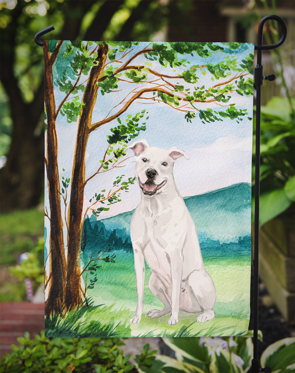 Under the Tree White Staffie Bull Terrier Garden Flag Mailbox Decorative Yard Banner Outside Patio Artwork for Flower Beds, Garden Size, Multicolor