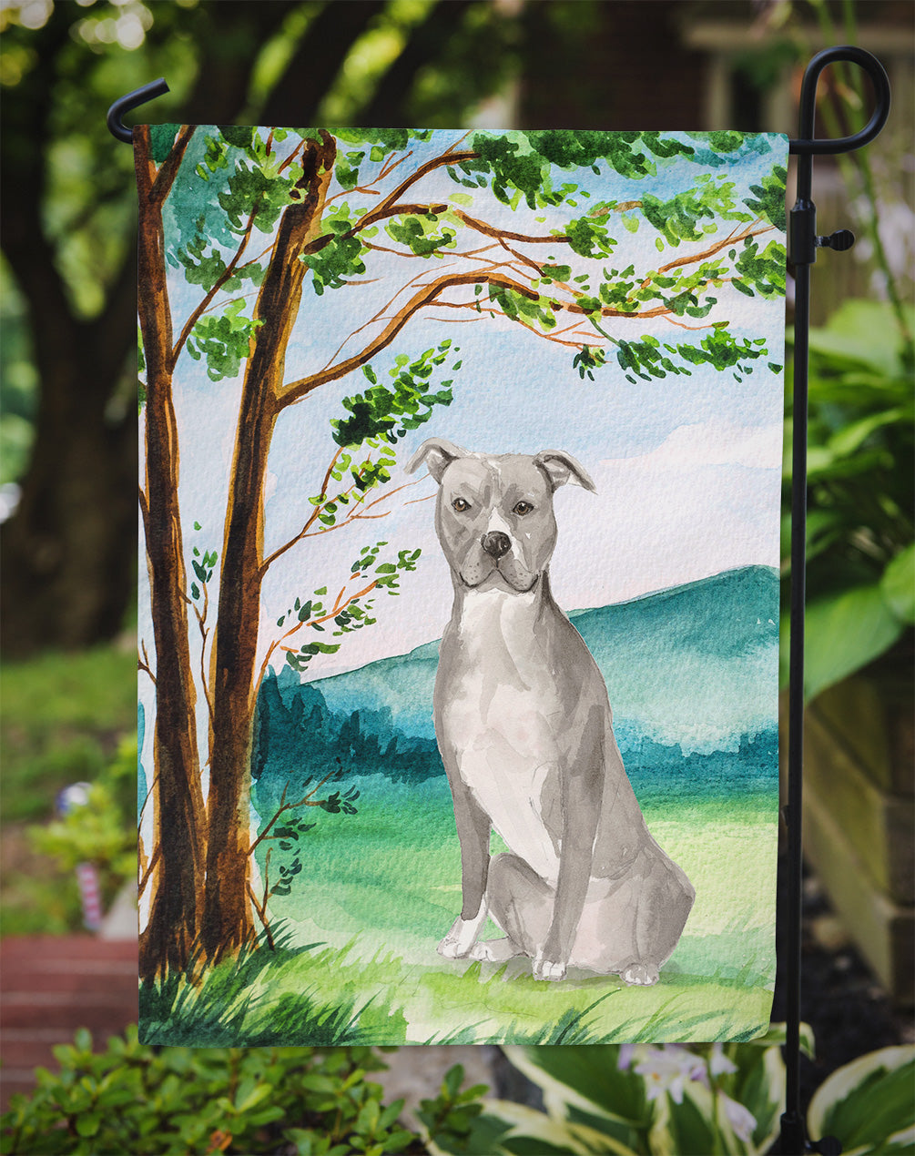 Under the Tree Staffordshire Bull Terrier Garden Flag Mailbox Decorative Yard Banner Outside Patio Artwork for Flower Beds, Garden Size, Multicolor