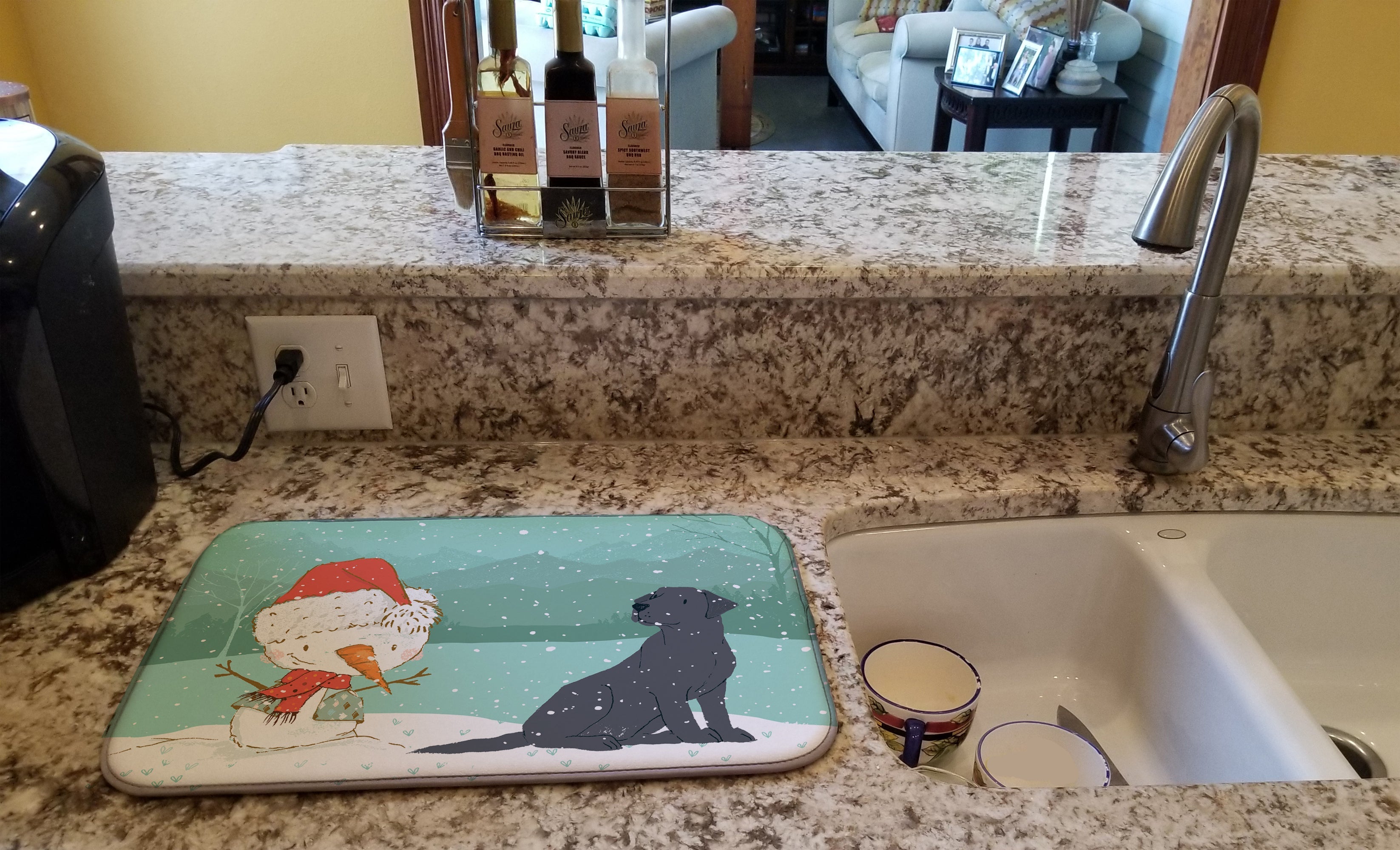 Black Labrador Snowman Christmas Dish Drying Mat Absorbent Dish Drying Mat Pad for Kitchen Counter Dish Drainer Mat for Countertop, 14 x 21", Multicolor