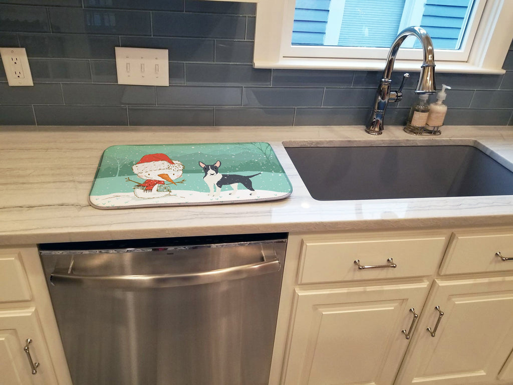 Black Bull Terrier Snowman Christmas Dish Drying Mat Absorbent Dish Drying Mat Pad for Kitchen Counter Dish Drainer Mat for Countertop, 14 x 21", Multicolor