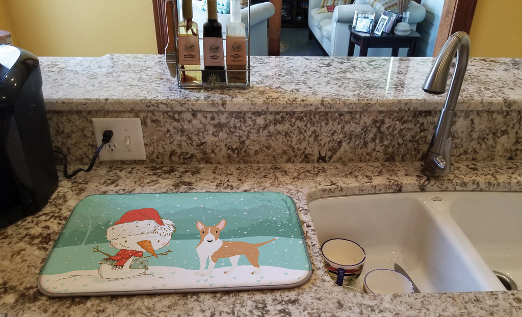 Fawn Bull Terrier Snowman Christmas Dish Drying Mat Absorbent Dish Drying Mat Pad for Kitchen Counter Dish Drainer Mat for Countertop, 14 x 21", Multicolor