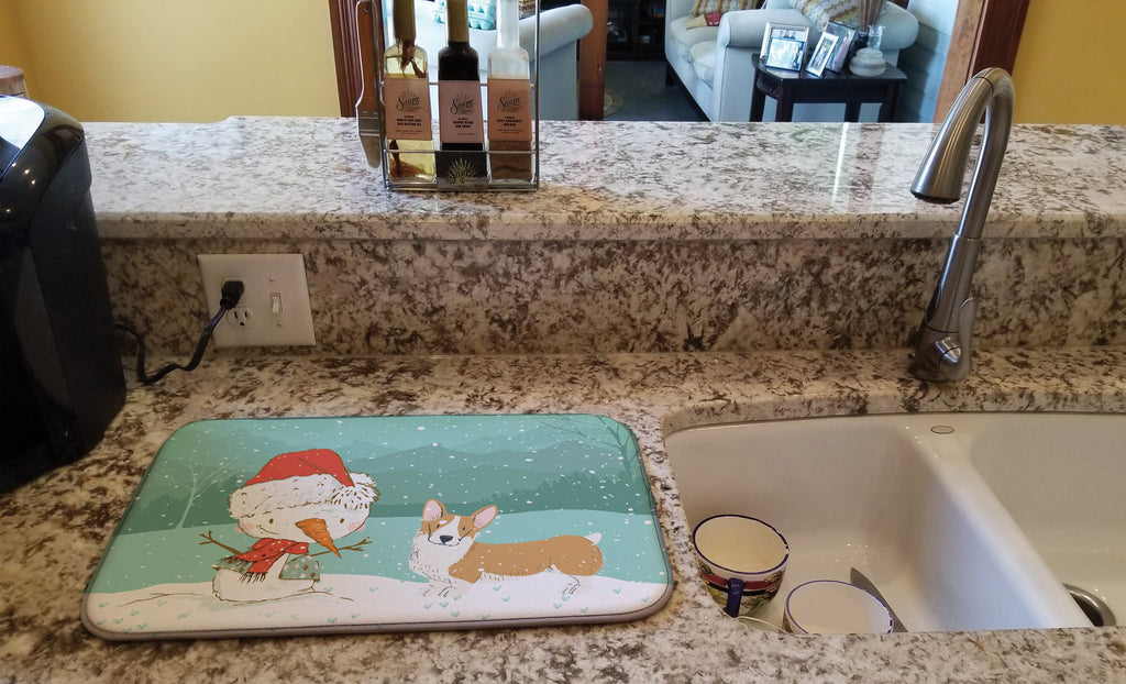 Pembroke Corgi Snowman Christmas Dish Drying Mat Absorbent Dish Drying Mat Pad for Kitchen Counter Dish Drainer Mat for Countertop, 14 x 21", Multicolor