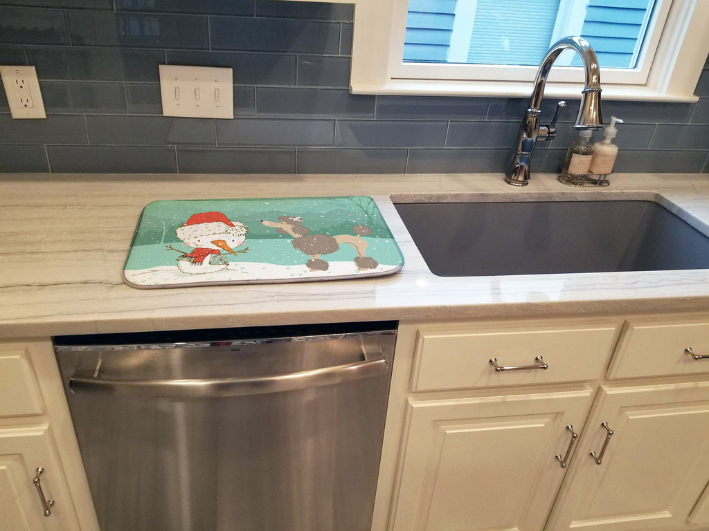 Chocolate Poodle Snowman Christmas Dish Drying Mat Absorbent Dish Drying Mat Pad for Kitchen Counter Dish Drainer Mat for Countertop, 14 x 21", Multicolor