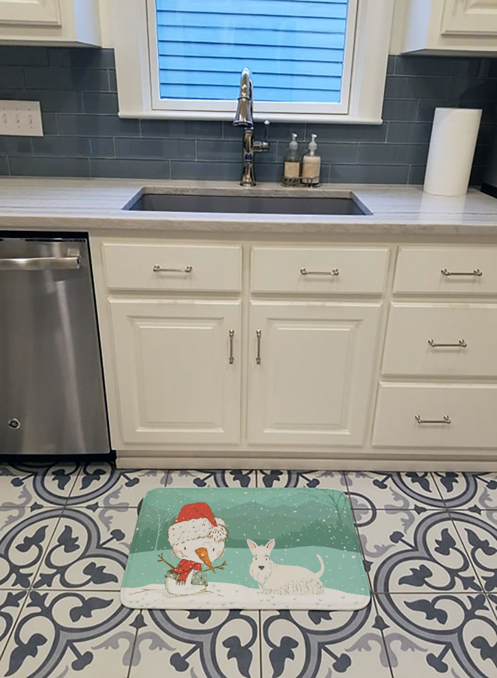 Wheaten Scottish Terrier Snowman Christmas Memory Foam Kitchen Mat Machine Washable Anti-Fatigue Cushion Comfort Bath or Kitchen Rug