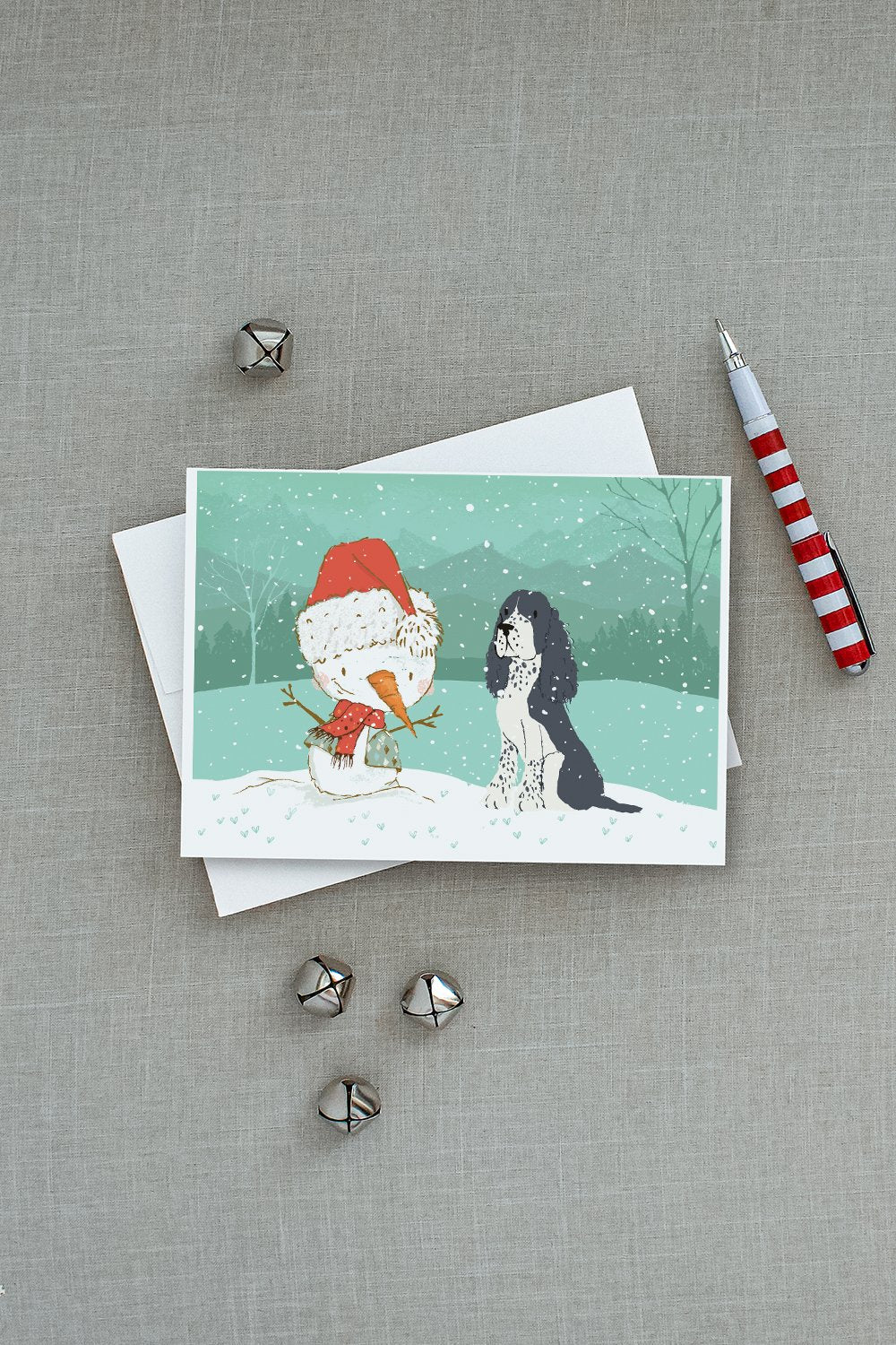 English Springer Spaniel Snowman Christmas Greeting Cards Pack of 8 Blank Cards with Envelopes Whimsical A7 Size 5x7