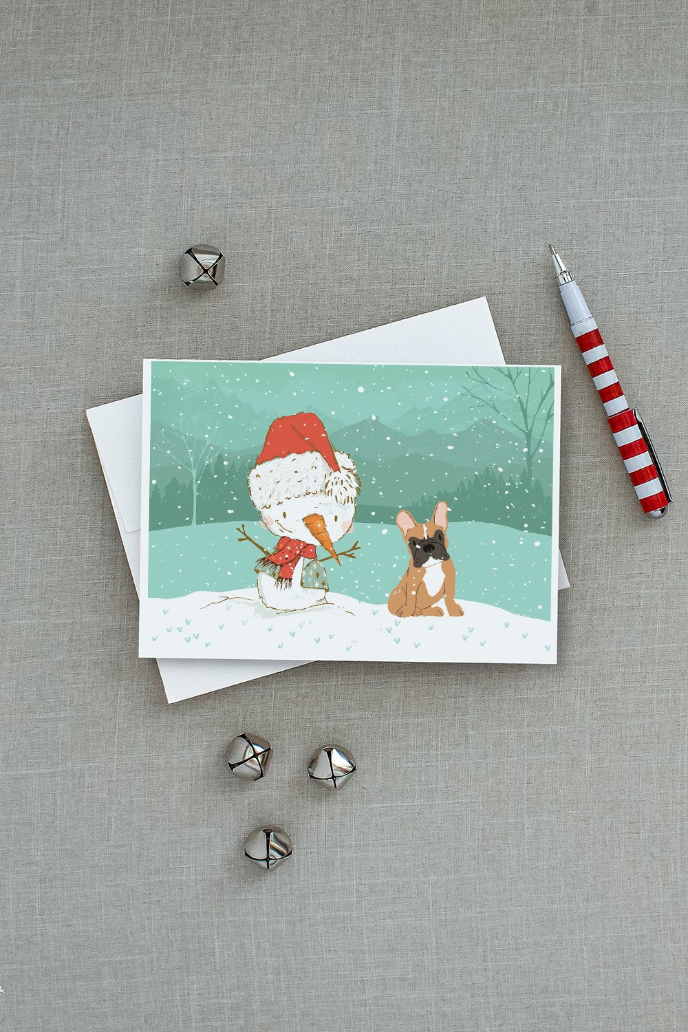 Fawn French Bulldog Snowman Christmas Greeting Cards Pack of 8 Blank Cards with Envelopes Whimsical A7 Size 5x7
