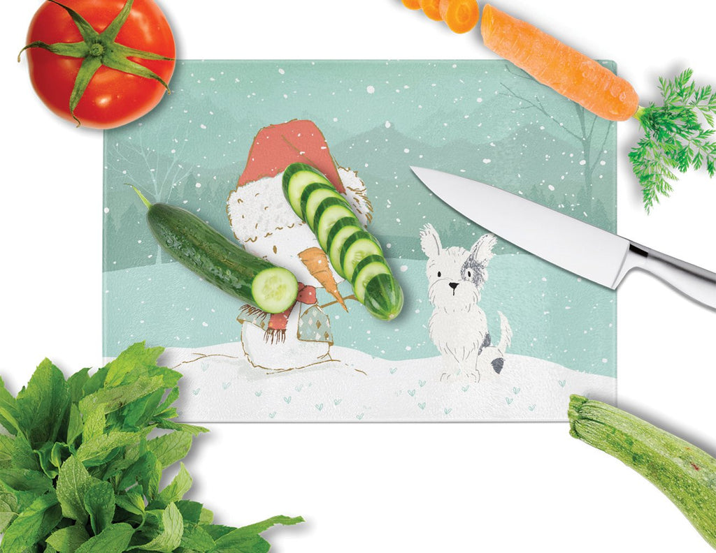 Black and White Terrier Snowman Christmas Cutting Board Tempered Glass Kitchen Cutting Surface, Heat Resistant Chopping, Non-Slip Feet, Food Prep & Serving