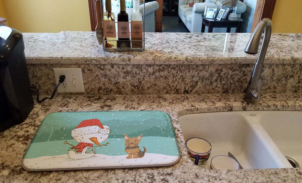 Yorkie Cropped Ears Snowman Christmas Dish Drying Mat Absorbent Dish Drying Mat Pad for Kitchen Counter Dish Drainer Mat for Countertop, 14 x 21", Multicolor
