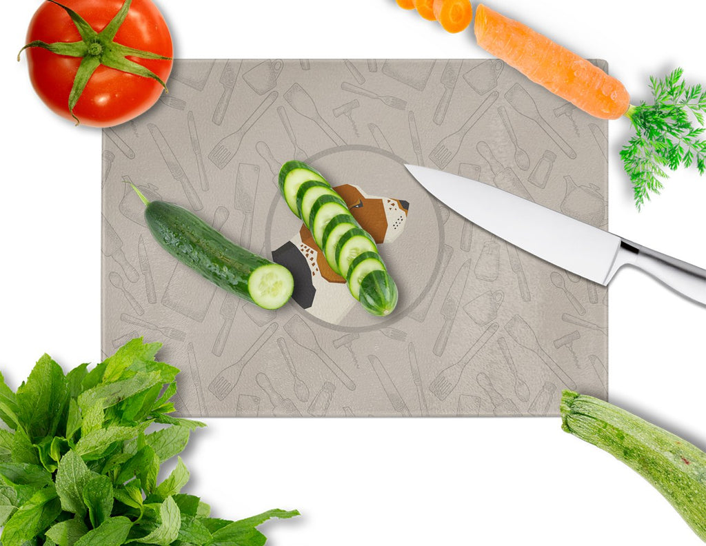 Basset Hound In the Kitchen Cutting Board Tempered Glass Kitchen Cutting Surface, Heat Resistant Chopping, Non-Slip Feet, Food Prep & Serving