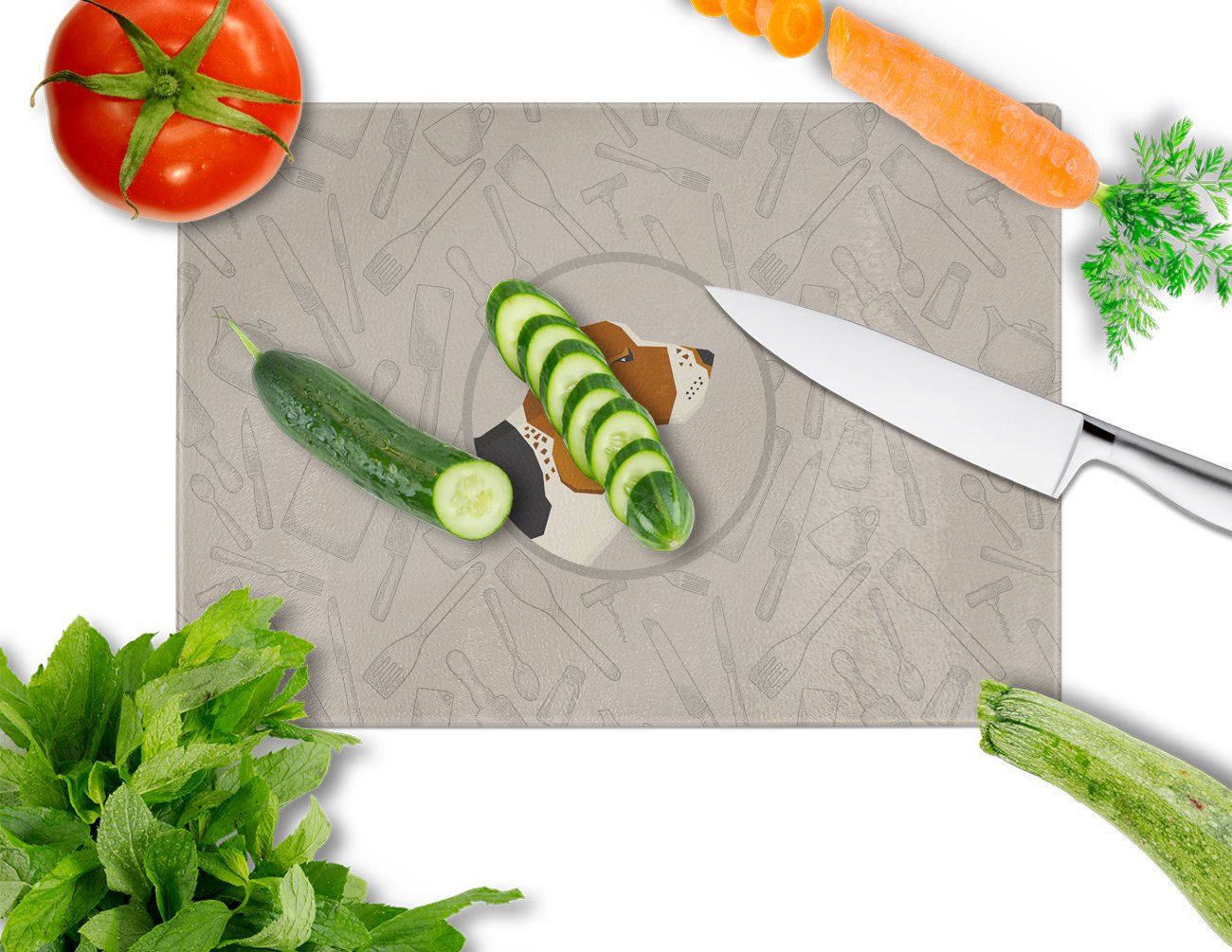 Basset Hound In the Kitchen Cutting Board Tempered Glass Kitchen Cutting Surface, Heat Resistant Chopping, Non-Slip Feet, Food Prep & Serving