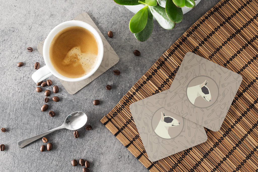 Black and White Bull Terrier In the Kitchen Foam Coasters Set of 4 Cup Coasters for Indoor Outdoor, Tabletop Protection, Anti Slip, Mouse pad Material