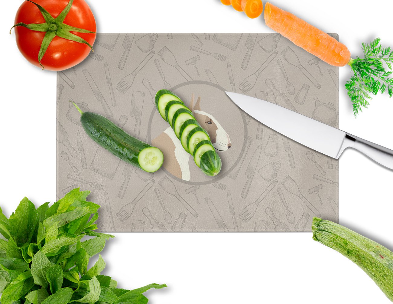Fawn and White Bull Terrier In the Kitchen Cutting Board Tempered Glass Kitchen Cutting Surface, Heat Resistant Chopping, Non-Slip Feet, Food Prep & Serving