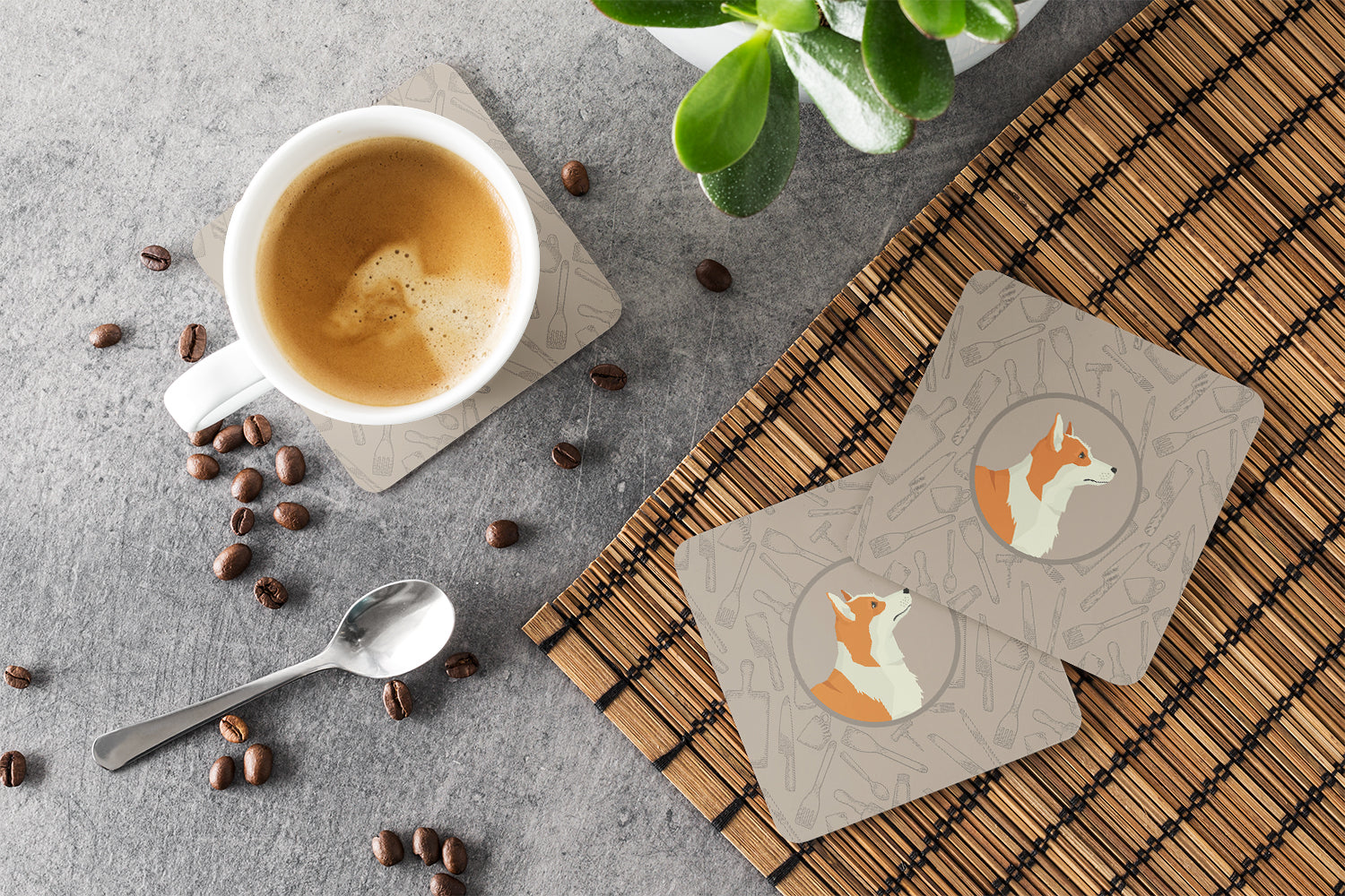 Pembroke Corgi In the Kitchen Foam Coasters Set of 4 Cup Coasters for Indoor Outdoor, Tabletop Protection, Anti Slip, Mouse pad Material