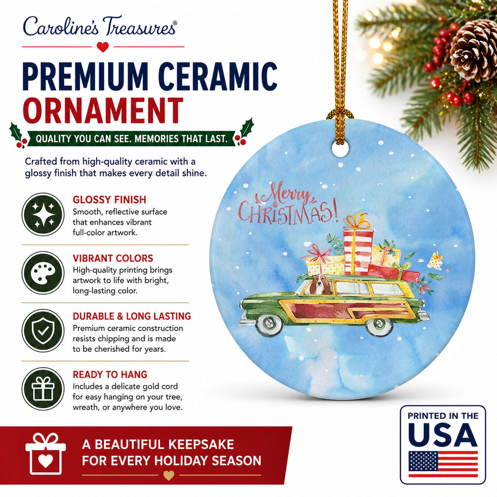 Merry Christmas Basset Hound Ceramic Ornament Christmas Tree Hanging Decorations for Home Christmas Holiday, Party, Gift, 3 in, Multicolor