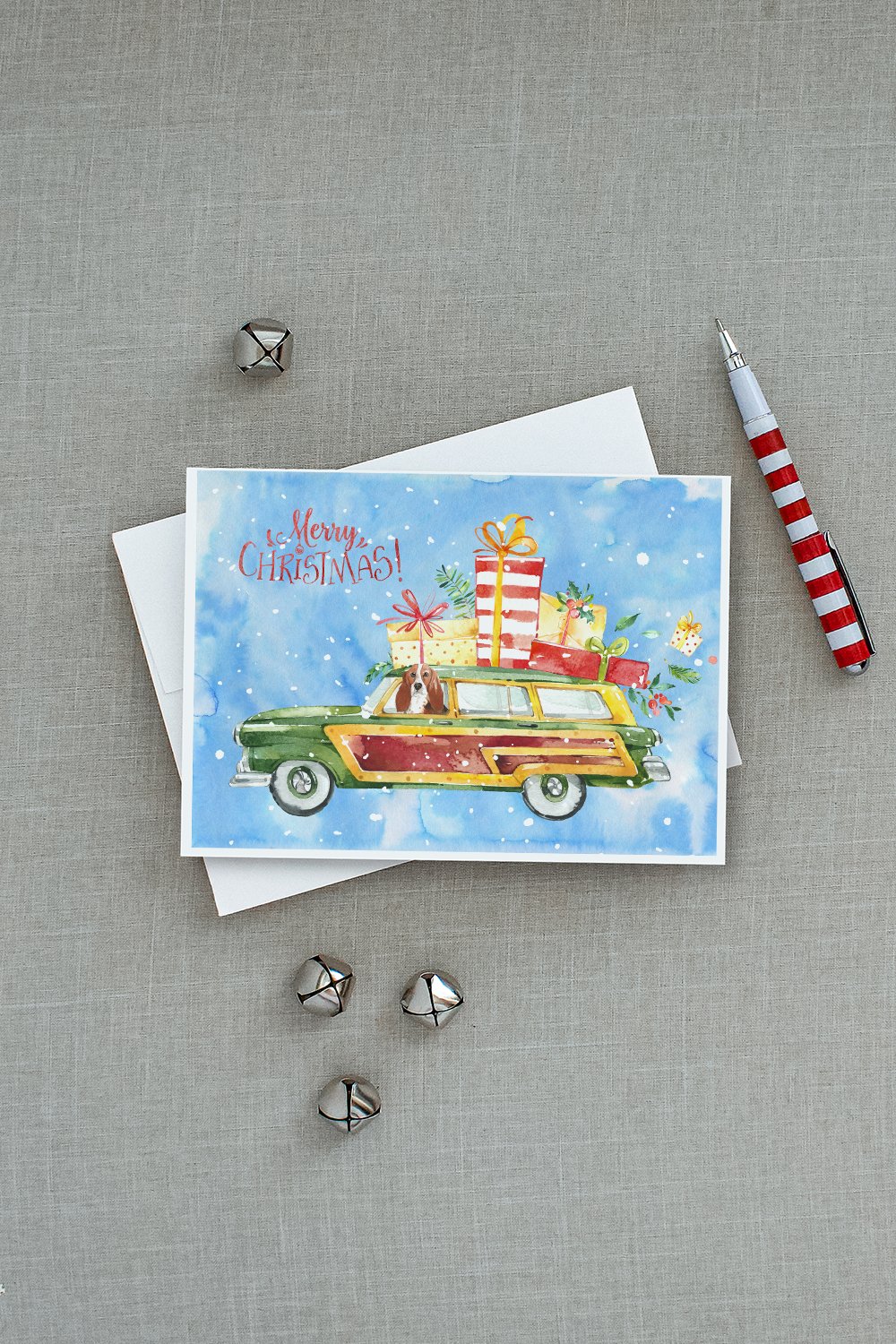 Merry Christmas Basset Hound Greeting Cards Pack of 8 Blank Cards with Envelopes Whimsical A7 Size 5x7