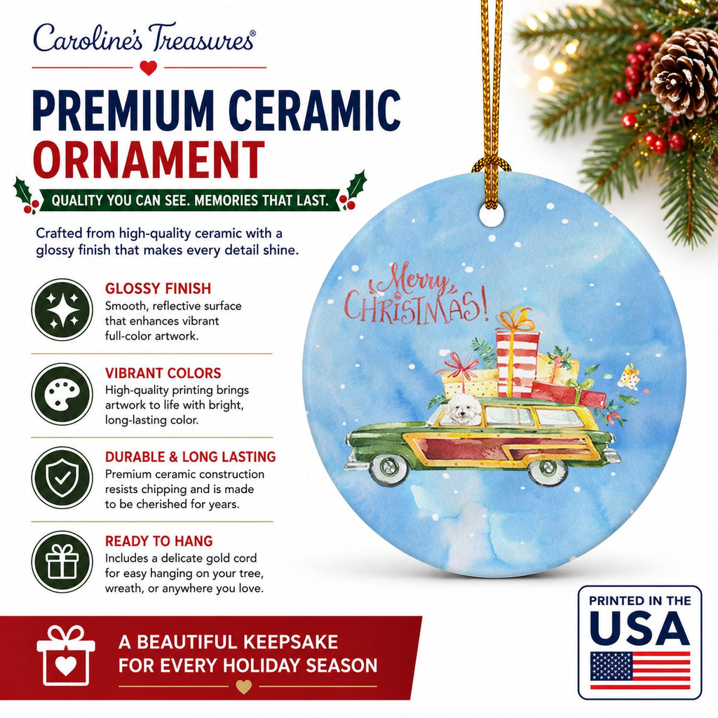 Merry Christmas Bichon FrisΘ Ceramic Ornament Christmas Tree Hanging Decorations for Home Christmas Holiday, Party, Gift, 3 in, Multicolor