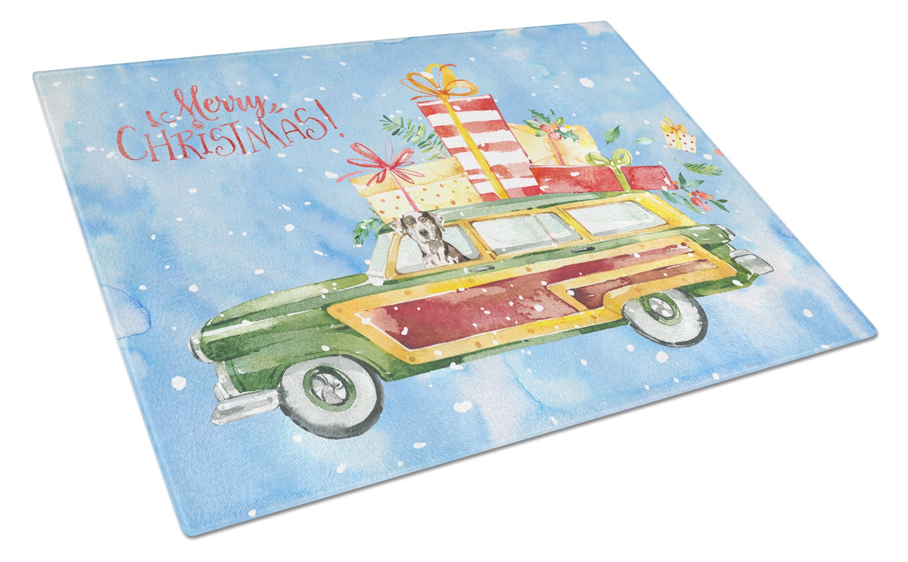Merry Christmas Catahoula Leopard Dog Cutting Board Tempered Glass Kitchen Cutting Surface, Heat Resistant Chopping, Non-Slip Feet, Food Prep & Serving