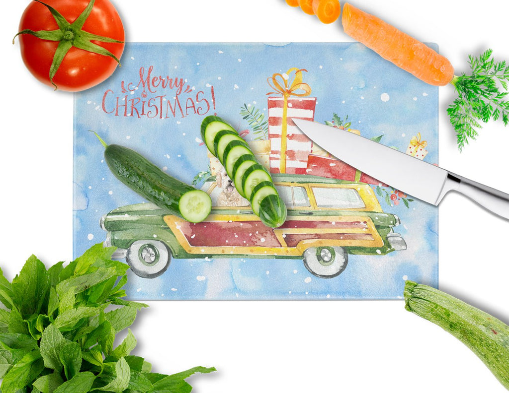 Merry Christmas Goldendoodle Cutting Board Tempered Glass Kitchen Cutting Surface, Heat Resistant Chopping, Non-Slip Feet, Food Prep & Serving