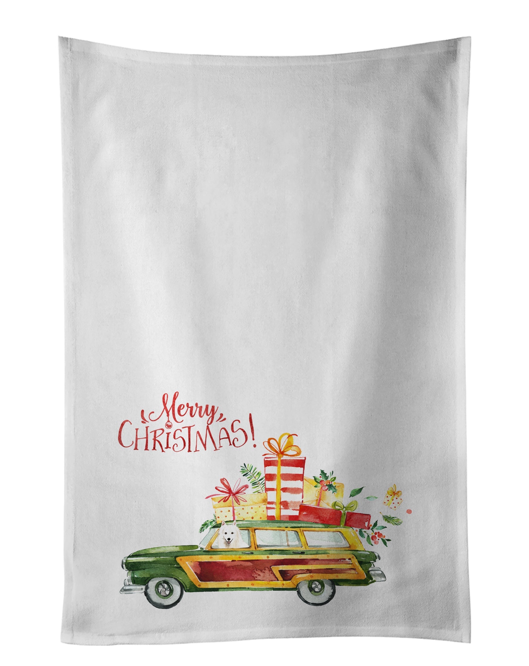 Merry Christmas Japanese Spitz Kitchen Towel Set of 2 White Dish Towels Decorative Bathroom Hand towel for Hand, Face, Hair, Yoga, Tea, Dishcloth, 19 X 28", White