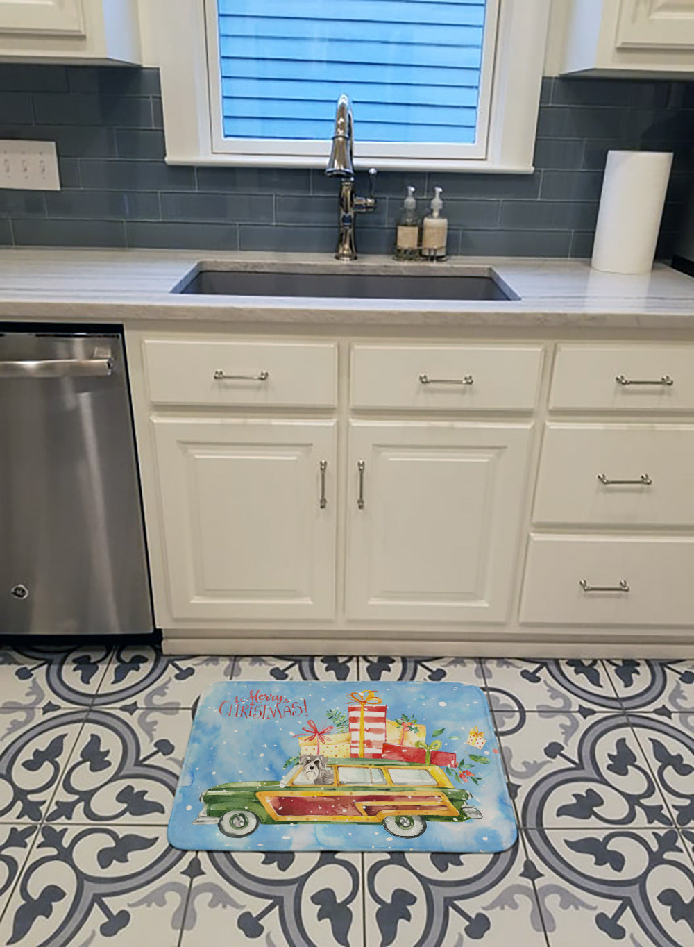 Merry Christmas Schnauzer #2 Memory Foam Kitchen Mat Machine Washable Anti-Fatigue Cushion Comfort Bath or Kitchen Rug