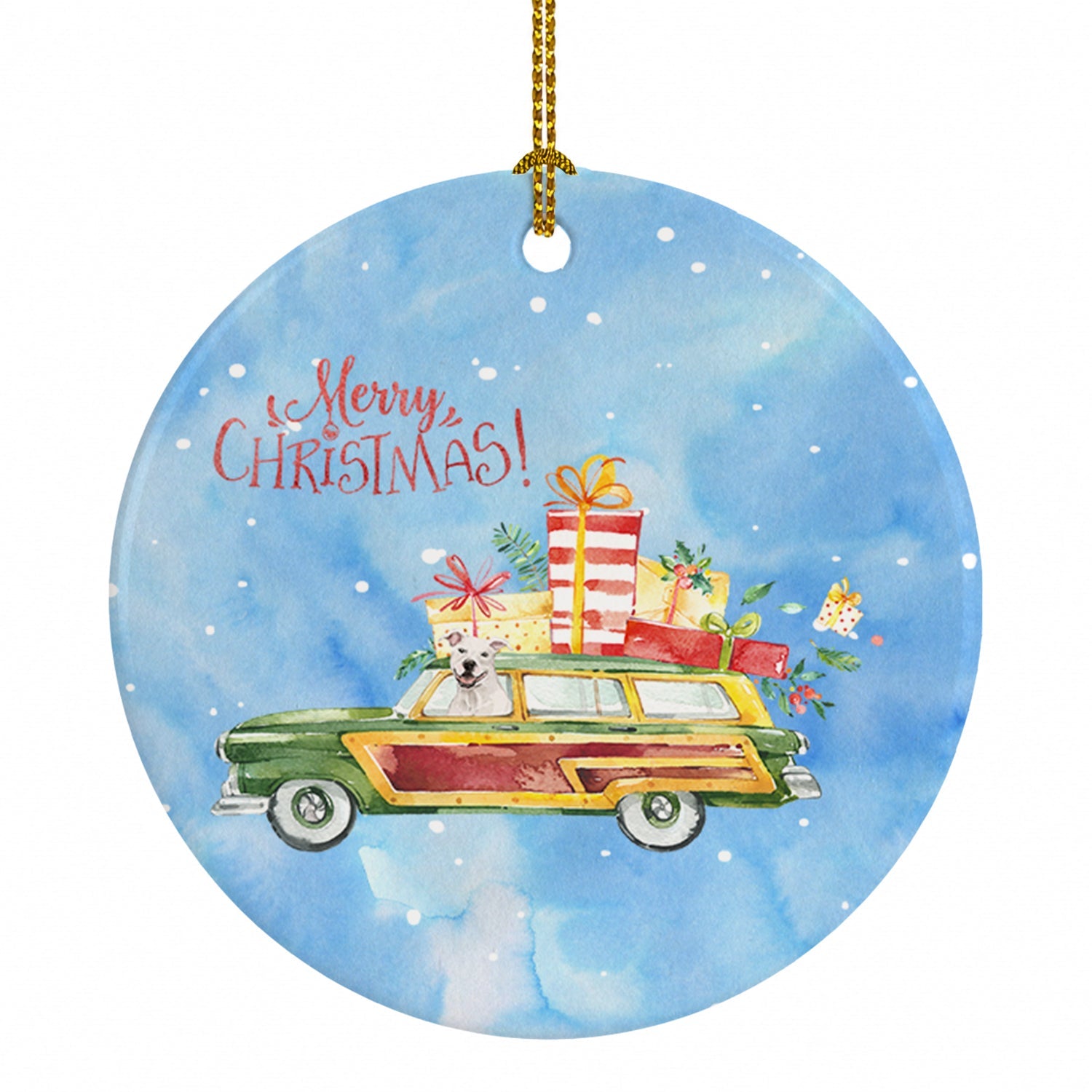 Merry Christmas White Staffordshire Bull Terrier Ceramic Ornament Christmas Tree Hanging Decorations for Home Christmas Holiday, Party, Gift, 3 in, Multicolor