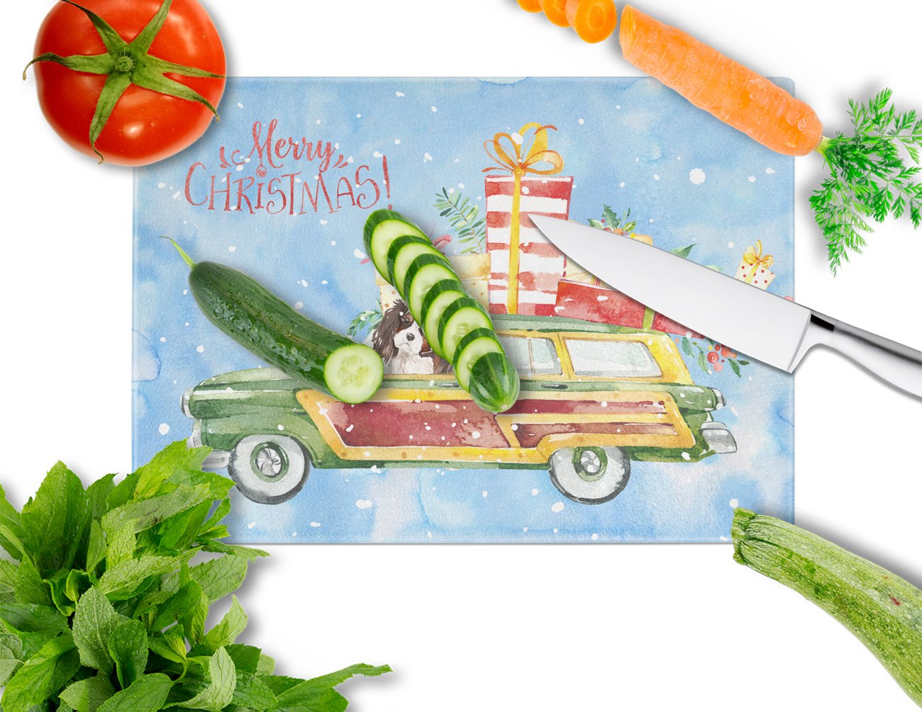 Merry Christmas Tricolor Cavalier Spaniel Cutting Board Tempered Glass Kitchen Cutting Surface, Heat Resistant Chopping, Non-Slip Feet, Food Prep & Serving