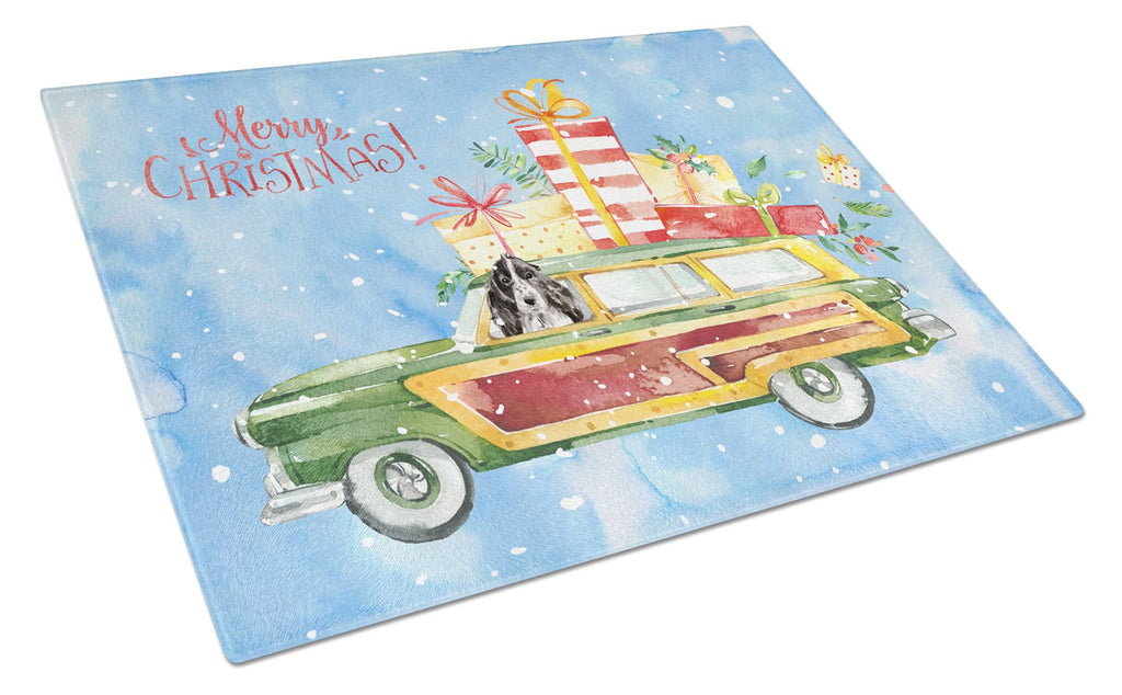 Merry Christmas Black Parti Cocker Spaniel Cutting Board Tempered Glass Kitchen Cutting Surface, Heat Resistant Chopping, Non-Slip Feet, Food Prep & Serving