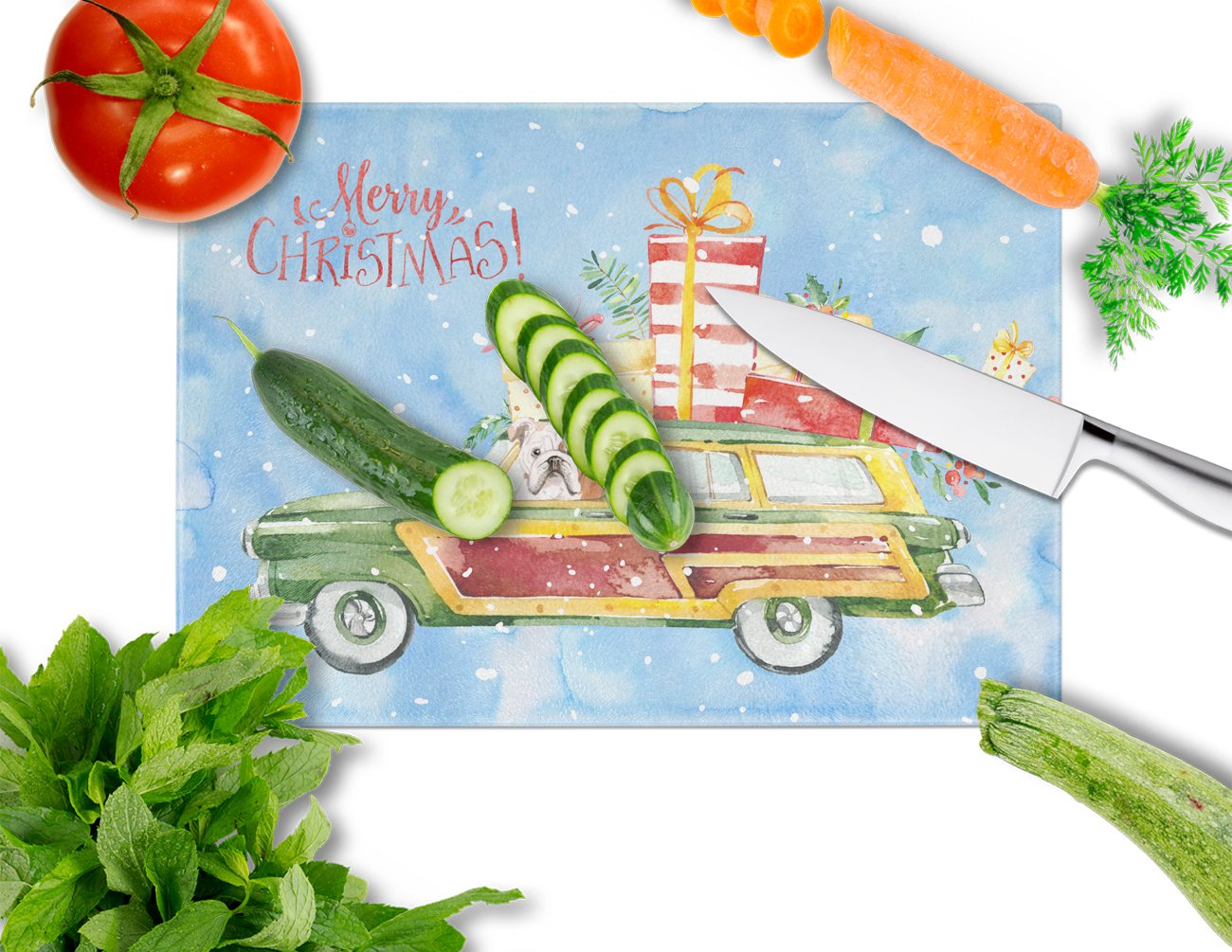 Merry Christmas English Bulldog Cutting Board Tempered Glass Kitchen Cutting Surface, Heat Resistant Chopping, Non-Slip Feet, Food Prep & Serving