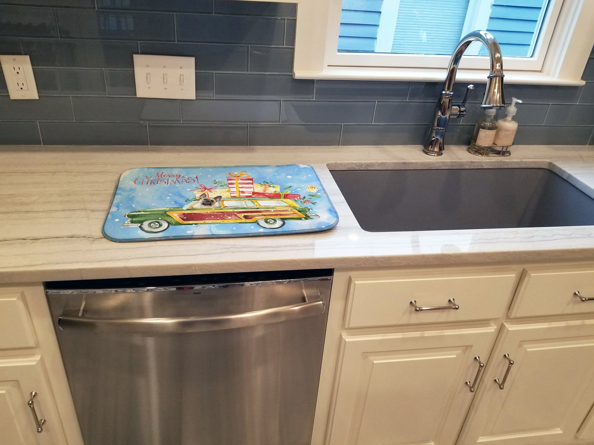 Merry Christmas Fawn French Bulldog Dish Drying Mat Absorbent Dish Drying Mat Pad for Kitchen Counter Dish Drainer Mat for Countertop, 14 x 21", Multicolor